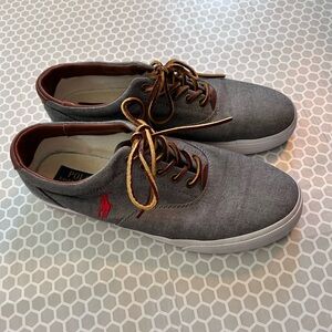 Polo by Ralph Lauren Blue Canvas Boat Shoes/Sneakers with Red Logo.  Size 10 1/2